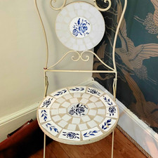 White & Blue Metal Bistro Patio Chair Ceramic Mosaic Seat & Backrest, 1 Seat