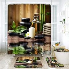 ArtSocket 4 Pcs Shower Curtain Set Stones spa Oil Wood Massage Relax Candle