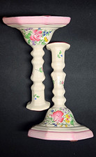 Luneville France Pair Floral Ceramic Candlesticks, Glossy Pink Trim Taper