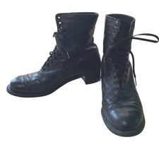 Vintage Leather Lace Up Edwardian Victorian Boots 6.5 Black Cap Toe Block Heel