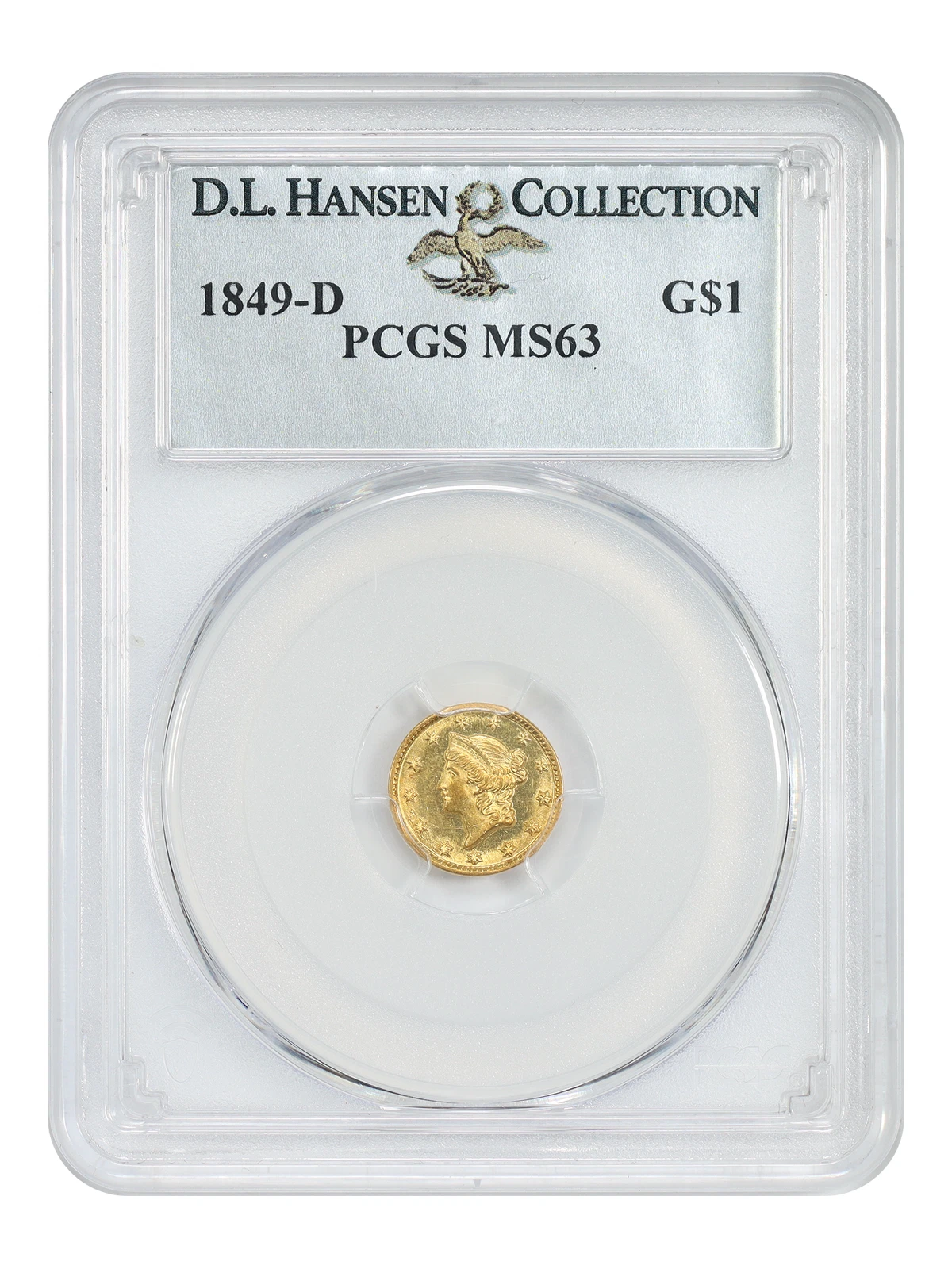 1849-D G$1 PCGS MS63 ex: D.L. Hansen