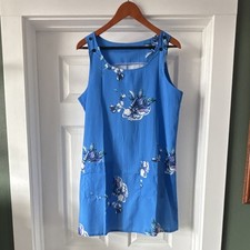 Blue Floral Shift Dress Sleeveless Scoop Neck Knee Length Strappy Pockets Women