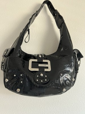 Vintage Y2K GUESS Black Croc-Embossed Shoulder Bag w/ Silver