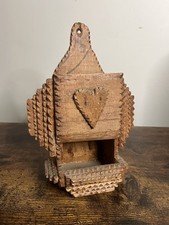Antique Folk Tramp Art Hand Carved Wood Heart Match Safe Wall Pocket