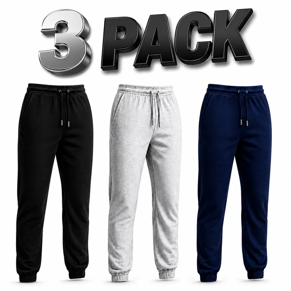 Mens Fleece Jogging Bottoms 3 Pack Gym Tracksuit Sweat Pants Cuffed Joggers - Image 1 of 4