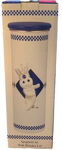 Vintage Pillsbury Doughboy Spaghetti Jar With Wooden Lid Porcelain On Steel NIP
