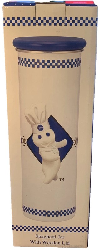 Vintage Pillsbury Doughboy Spaghetti Jar With Wooden Lid Porcelain On Steel NIP