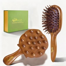 Wooden Scalp Massager & Cushion Hair Brush Gift Set – Manual Head Massage Bru...