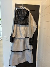 Jovani Silk Evening Gown Beaded Tiered Strapless Cape Elegant Black Silver Sz 10