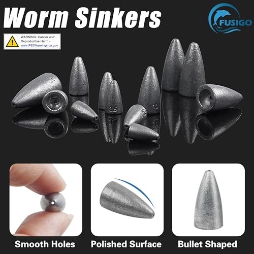 Bullet Fishing Weights Sinkers, 45 Pack Fishing Sinkers Worm 1/16oz - 45 Pack - Picture 3 of 7