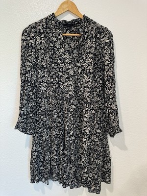 J.Crew Black Floral Dress Long Sleeve Ruffle Collar Cottagecore Dark Academia S