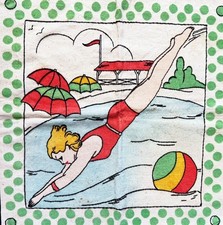 1930s Vintage VOGART TINTED PILLOW COVER_DIVING BATHING BEAUTY_HAND EMBROIDERED