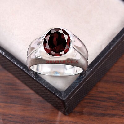 Natural Garnet Gemstone With 14K White Gold Plated Silver Men's Ring #377