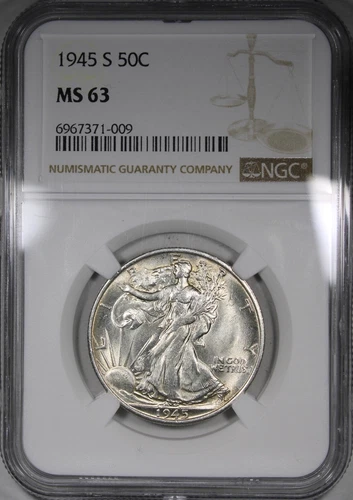 1945-S Walking Liberty Half Dollar NGC MS63 Mostly White Example PQ+