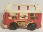 VTG FISHER PRICE LITTLE PEOPLE PLASTIC RED & WHITE MINI-BUS TOY WOOD BASE 1969