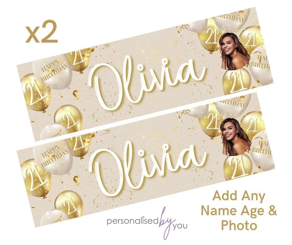 MADVINL 2x Personalised Photo Birthday Banners Gold Beige Large 16th 18th 21st 30th 40th