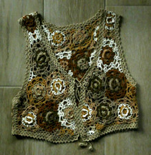 CROCHET Open Hollow Cable KNIT VEST Beige/White/Brown/Tan  S/M  70s 80 90s