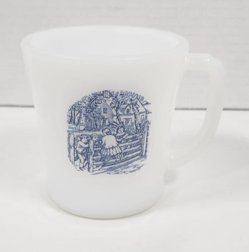 Vintage Fire King Currier and Ives Milk Glass Coffee Mug Old Farm Gate D Handle