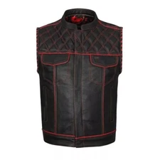 Men's Black Leather Vest Diamond Motorcycle Motorbike RED Concealed Waistcoat