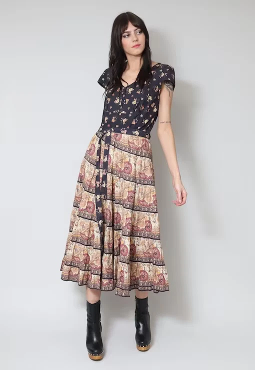 70's Vintage Short Sleeve Black Floral Tiered Prairie Midi Dress Cotton Boho