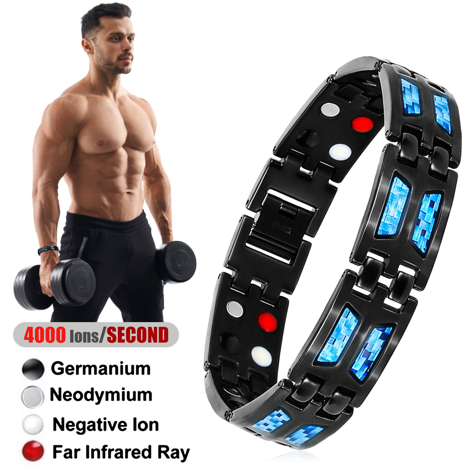 Titanium Power Bracelet Carbon Blue Therapy Double Row Ultra