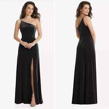 After Six Black One-Shoulder Velvet Maxi Dress with Slit, Side Pockets, Sz. 8
