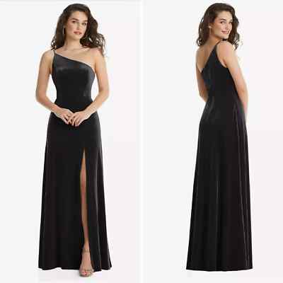After Six Black One-Shoulder Velvet Maxi Dress with Slit, Side Pockets, Sz. 8