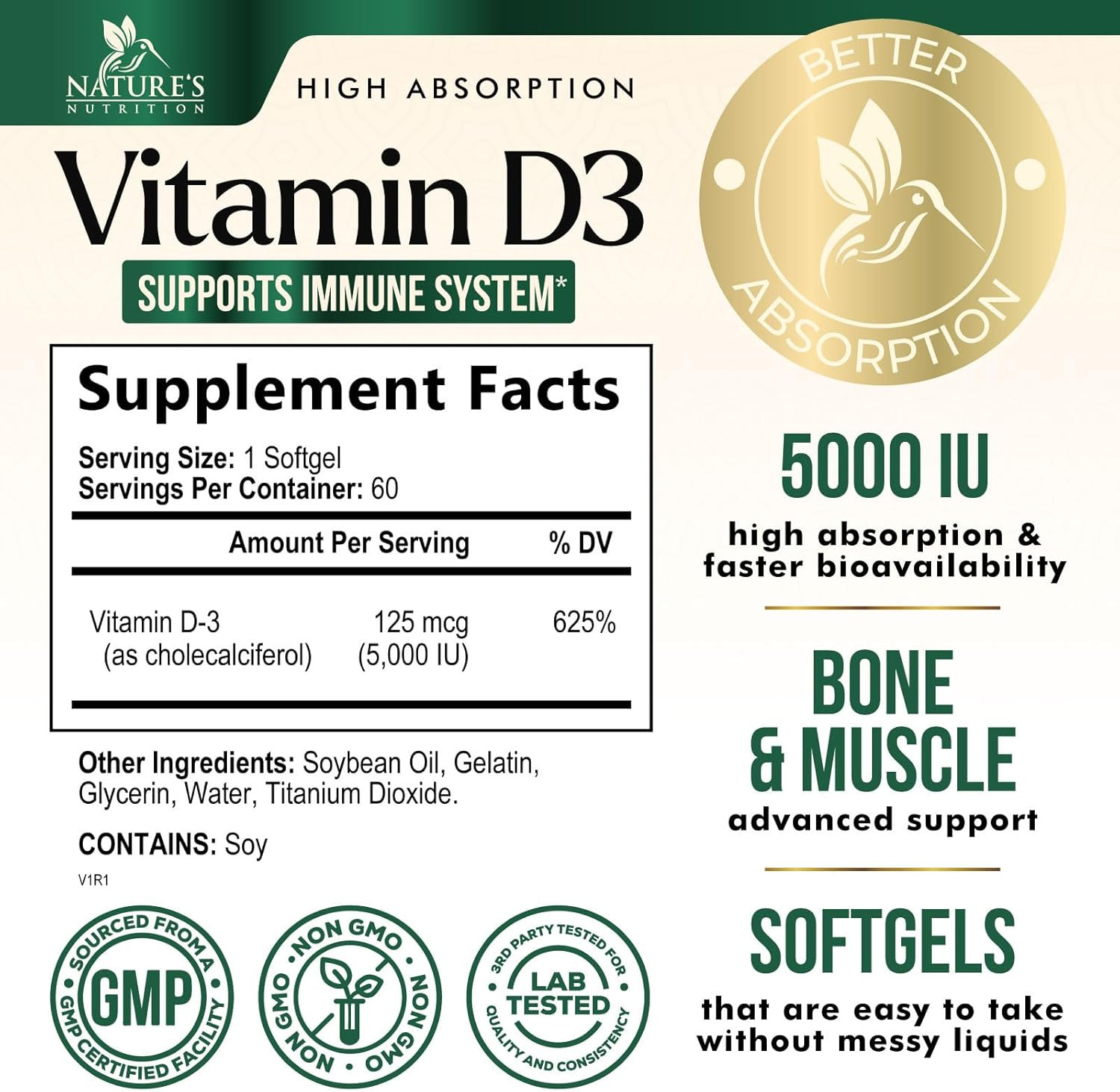 Vitamin D3 Supplement 5000Iu (125 Mcg) - High Potency Vitamin D Dietary Suppleme