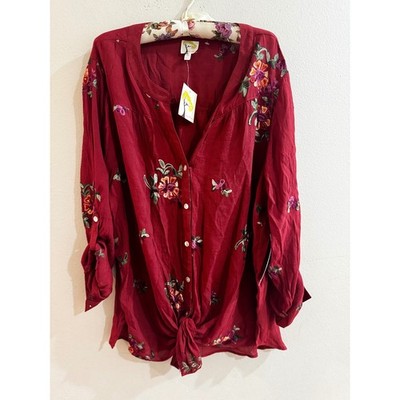 Fig and Flower Burgundy Floral Embroidered Tie Front Button Down Top 3X NWT