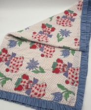 Vtg Handmade Baby Anthropomorphic Puppies In Hats Tulips Blue Ruffle Edge Quilt