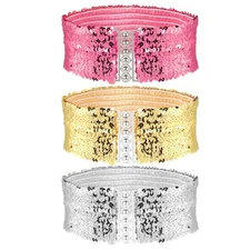 KALIONE Women's Elastic Sequin Belts Wide Glitter Dress Pink Gold Silver