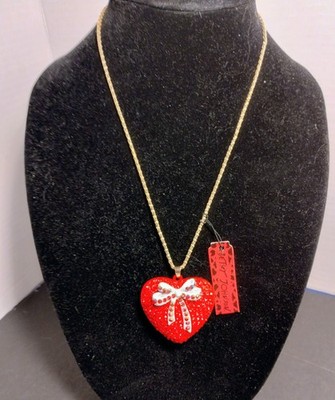 Betsey Johnson Sparkling 3D Red Rhinestone Heart With A Bow Shaped Necklace