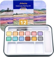 Aquarellfarben Set 12 Metallic Wasserfarben Mit Wassertankpinsel, Tragbar,