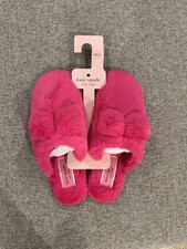 BRAND NEW KATE SPADE-HOT PINK-"JAZZY" MULES-SLIPPERS-FAUX FUR-BOW/LOGO