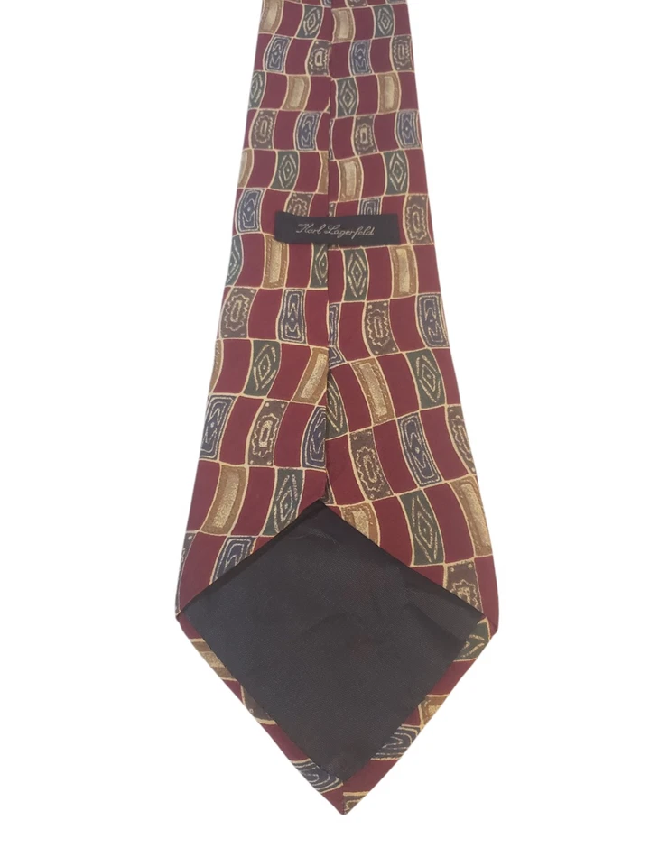Corbata Karl Lagerfeld Para Hombre Diseñador Lujo Borgoña Tostado Verde Geométrica Foto 4 de 4