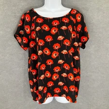 Cabi Top Womens Sz M Black Red Poppy Floral Short Sleeve Lightweight Blouse