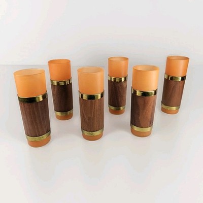 Vtg MCM Libbey Walnut Wood Brass Tiki Tom Collins Frosted Glasses 7'' Highball