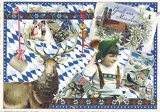 B404 Novelty Glitter Stag Gruss aus Muenchen Ethnic Boy Reproduction postcard
