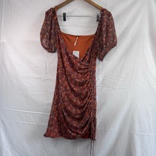 Free People Floral Ruched Mini Dress Small NWT Puff Sleeve Orange Boho $98