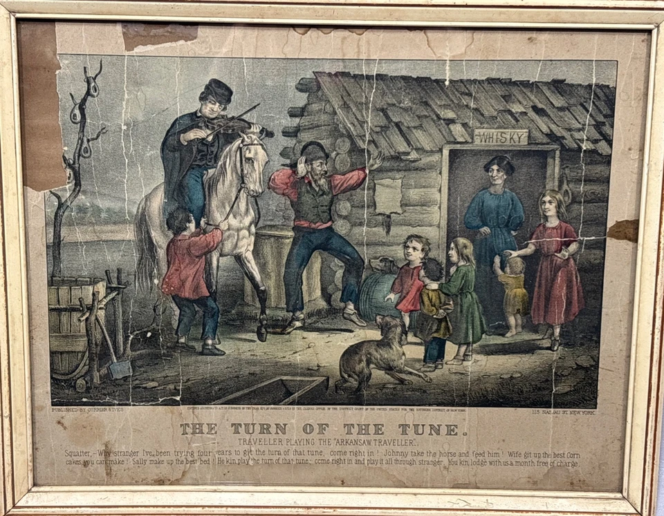Antigua canción original de 1870 Currier & Ives The Turn of The Tune Arkansas Traveler Foto 3 de 4