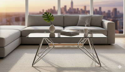 Moderner rechteckiger Couchtisch, 110 cm Hartglasplatte, silbernes Chromgestell