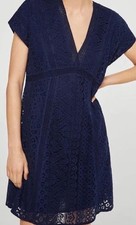 Mango Navy Blue Lace V Neck Mini Dress With Short Sleeves Small