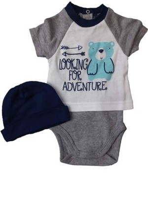 Infant Boys Looking For Adventure Blue Gray Bear Bodysuit & Beanie Outfit 0-3m