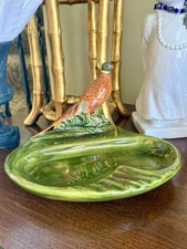 Vintage Mcm Mid Century Hand Painted Glazed Ceramic Pheasant Large Ashtray