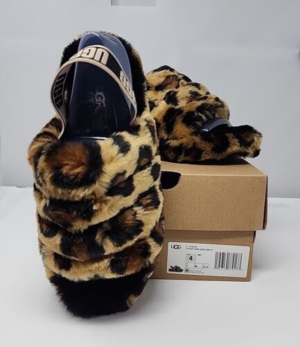 UGG Fluff Yeah Slide Spotty Slipper Brown Leopard Print -  Womens Size 6 Kids 4 - Picture 1 of 5
