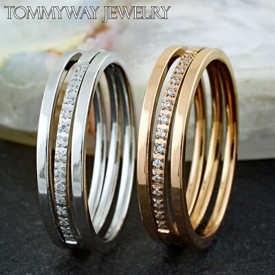 Stainless Steel Modern 0.15 Ct CZ Stripe Ring Choose Silver or Rose Gold Plated