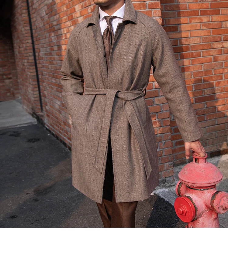 Men's Winter Long Coat Tweed Wool Balmaccan Style Long Slim Fit