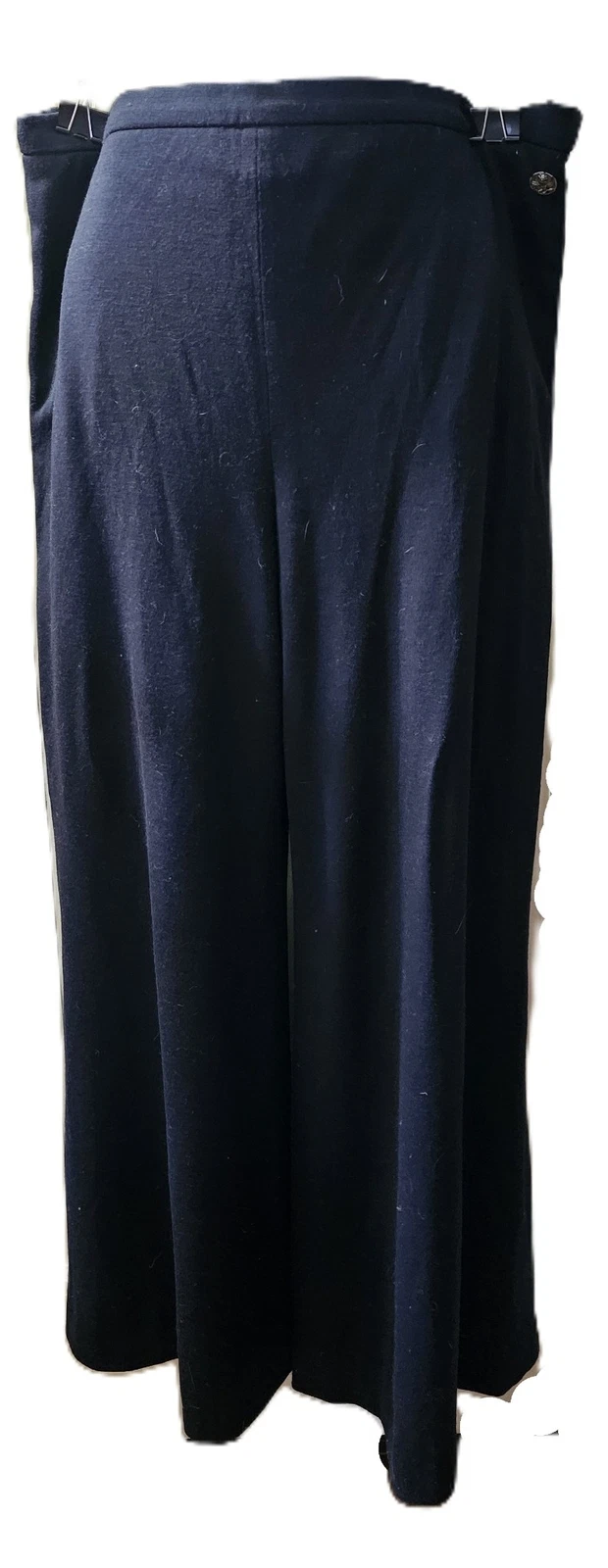 Pantaloni eleganti vintage Chanel autunno 2000 blu navy 100% lana gamba larga taglia 46 (US 14)