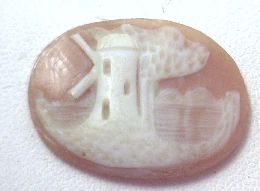 Antique Hand Carved Oval Shell Cameo with Windmill and Tree Scene N400  