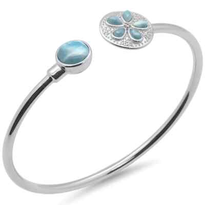 Round Shaped & Sand Dollar Plumeria Natural Larimar & CZ .925 Sterling Silver Cu
